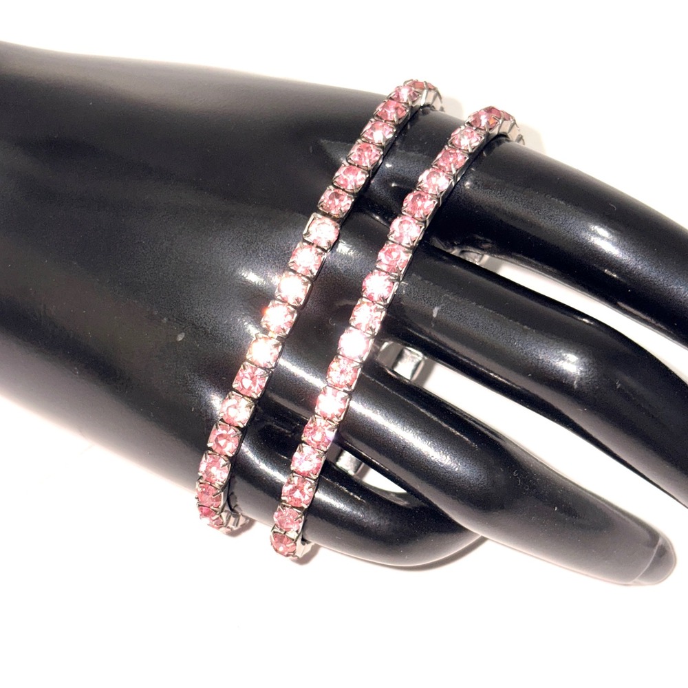 Pink Rhinestone Silver Tone Stretch Tennis Bracelet Set of 2 Bangle Extendable - Picture 8 of 11